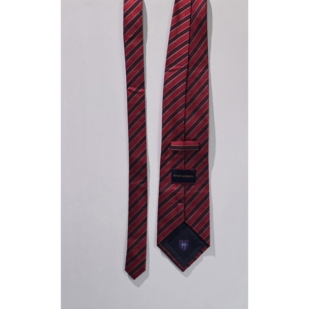 HENRY JACOBSON Men's 100% Silk Tie Red Burgundy Striped Hand Made